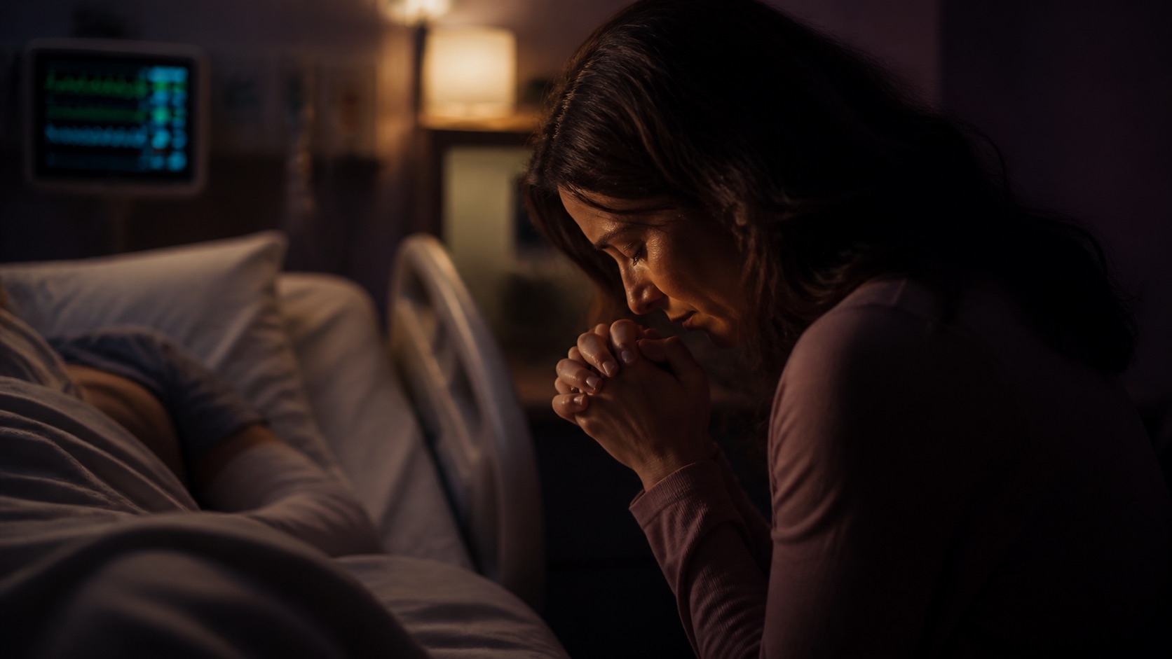A woman praying beside a hospital bed