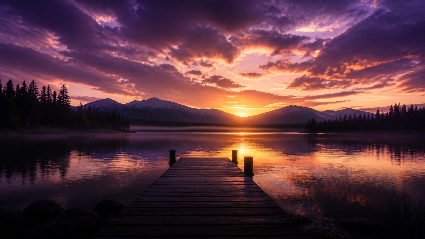 A quiet lake and dock at purple sunset