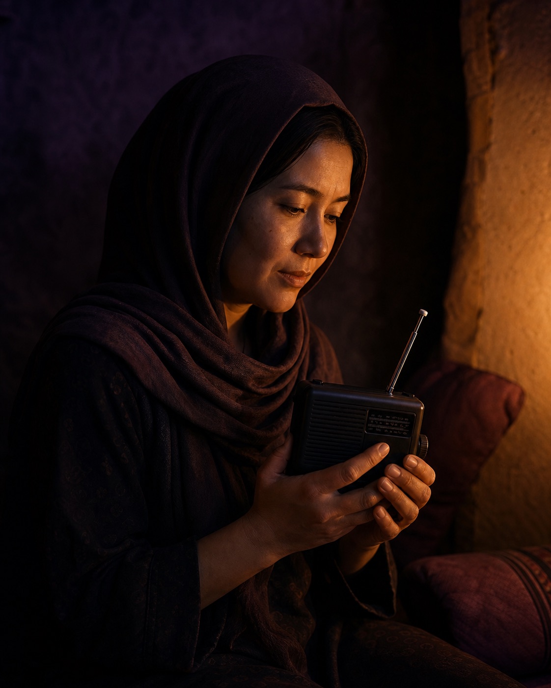 A woman listening to a portable radio