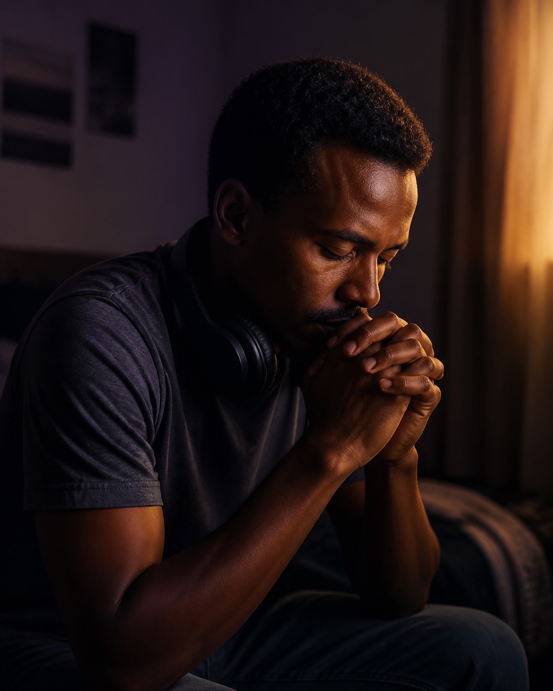A man praying in a quiet room