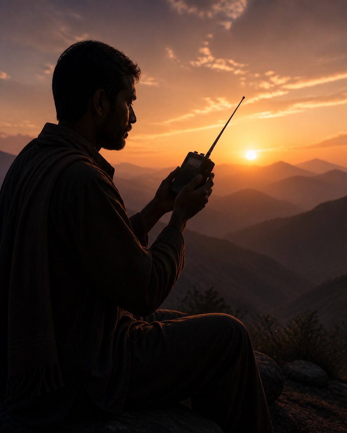 A man listening to a radio in remote mountains