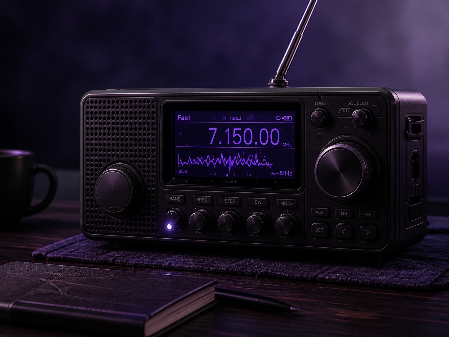A shortwave receiver tuned to 7.150 MHz