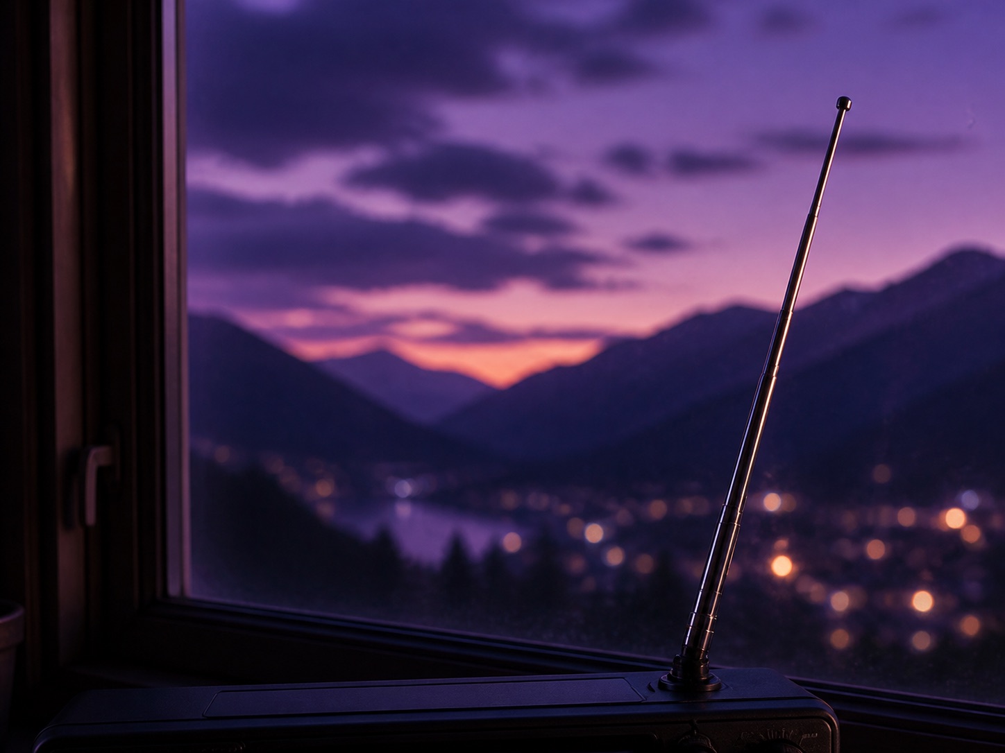 An extended radio antenna beside a window at dusk
