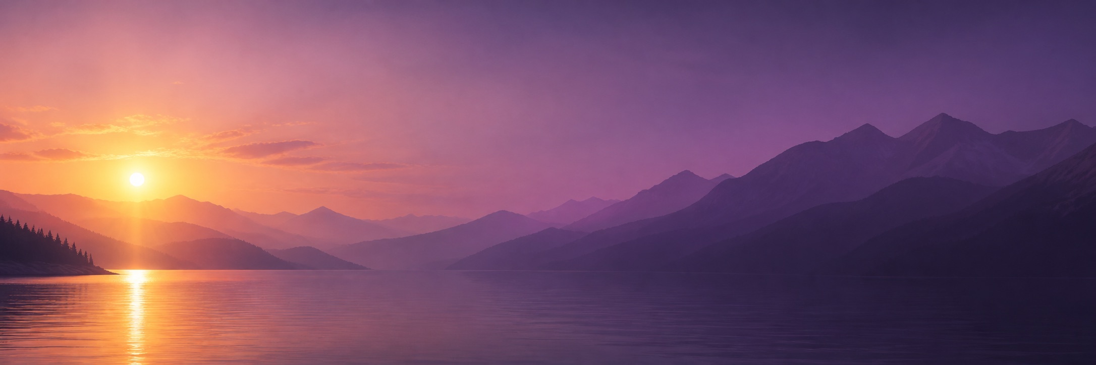 Sunrise over a purple mountain lake